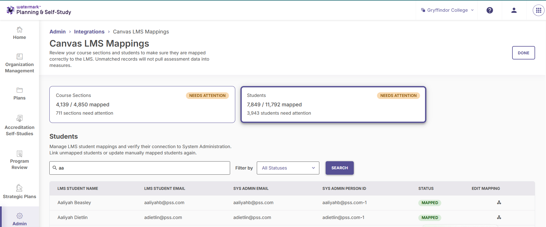 The complete LMS Mappings workspace detailing mapped and unmapped course sections alongside student counts.