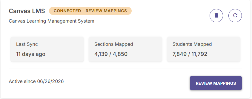 The LMS integration status card showing the student mapping counts and a Review Mappings action button.