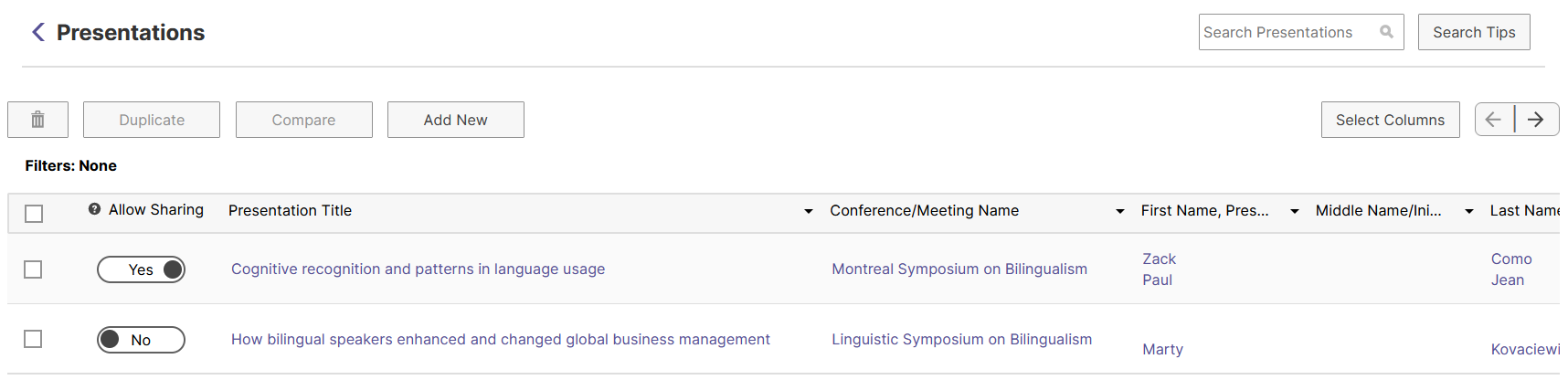 The Presentations page showing a table of presentation entries with toggles for allowing sharing, presentation titles, conference names, and presenter name columns, displayed above action buttons for Duplicate, Compare, Add New, and table‑scroll controls.