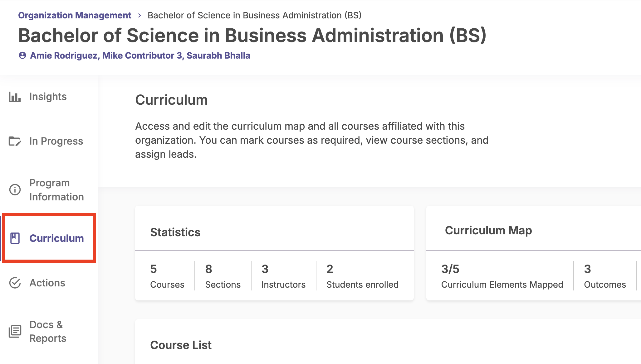Organization Management page displaying the Curriculum tab highlighted within a selected program.