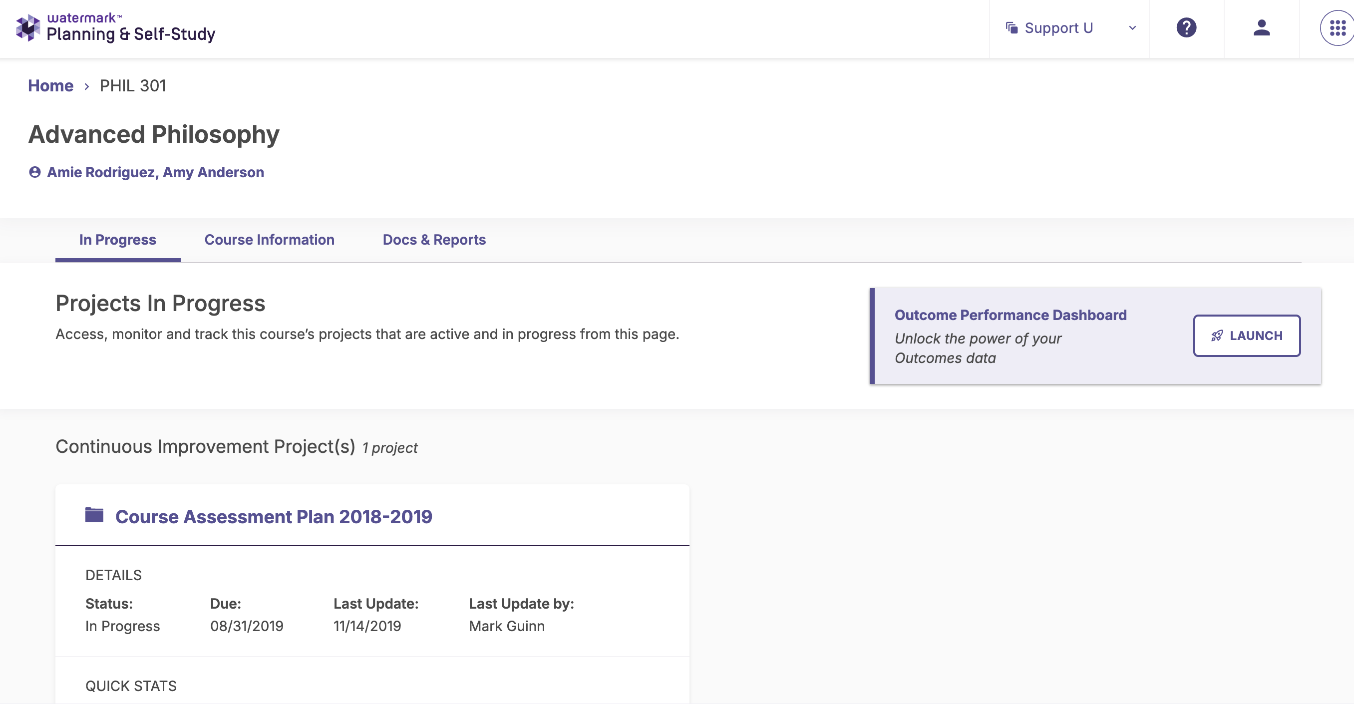 Course page showing active assessment plans under the In Progress tab.