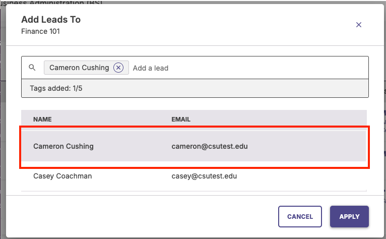 Pop-up search window showing the user search field and user selection options with the Apply button.