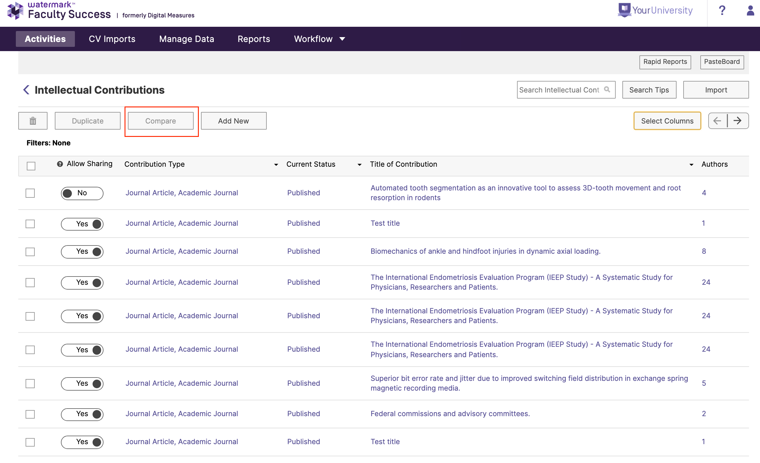 The Activities page showing the Intellectual Contributions table with rows listing contribution type, current status, title of contribution, and author counts. Above the table, buttons for Duplicate, Compare, and Add New appear, with Compare highlighted. A search bar, Search Tips button, Import button, and Select Columns menu appear to the right.