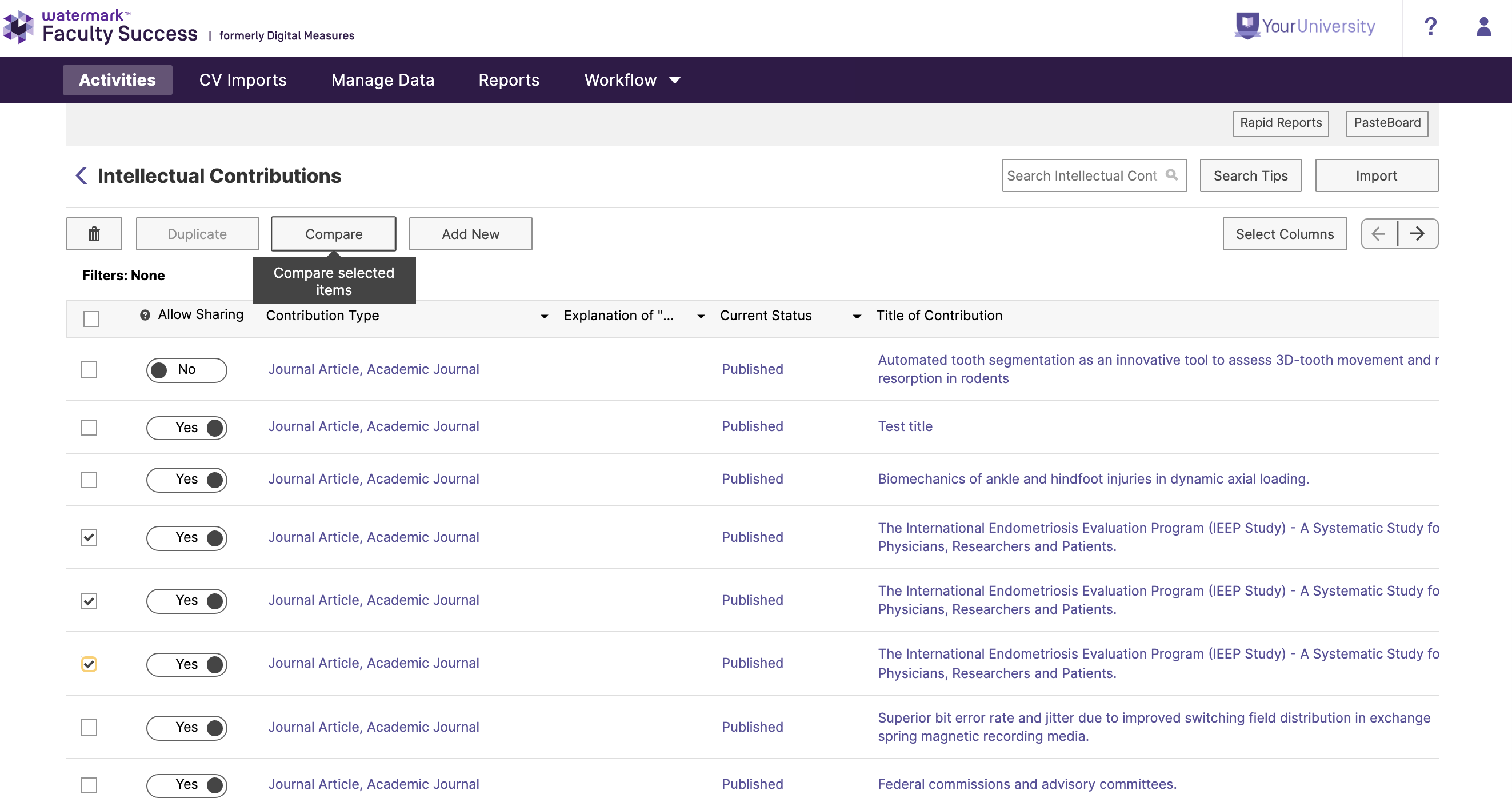 The Intellectual Contributions page showing the table of contributions with rows listing sharing status, contribution type, explanation, current status, and title. One row selected. The Compare button above the table active with a tooltip stating Compare selected items.