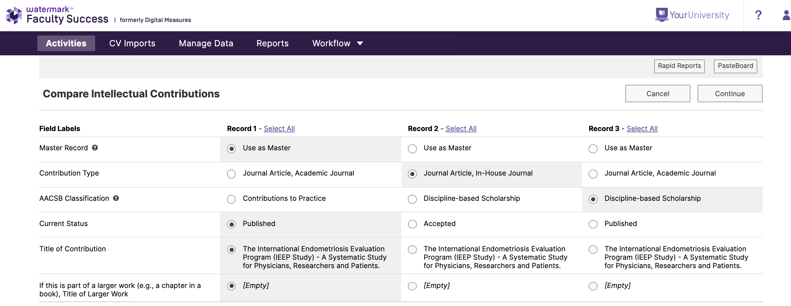 The Compare Intellectual Contributions page showing a comparison table with Field Labels in the first column and three records displayed across the page. Each row shows values for Master Record, Contribution Type, AACSB Classification, Current Status, Title of Contribution, and the larger work field. Select All links appear at the top of each record column. Cancel and Continue buttons appear in the upper right.