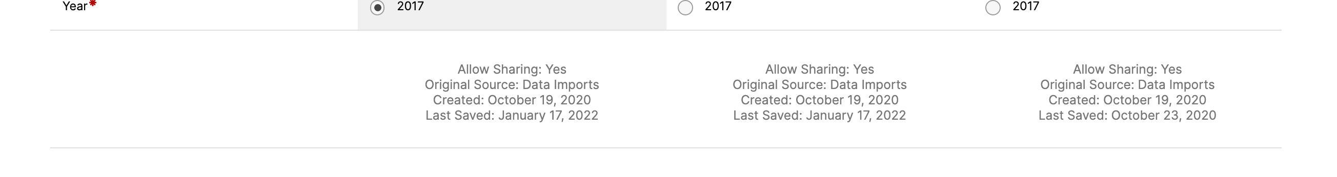 The comparison view showing three records with a Year field set to 2017 for each record. Below, each record displays metadata lines for Allow Sharing set to Yes, Original Source listed as Data Imports, Creation date as October 19, 2020, and Last Saved dates for each record.