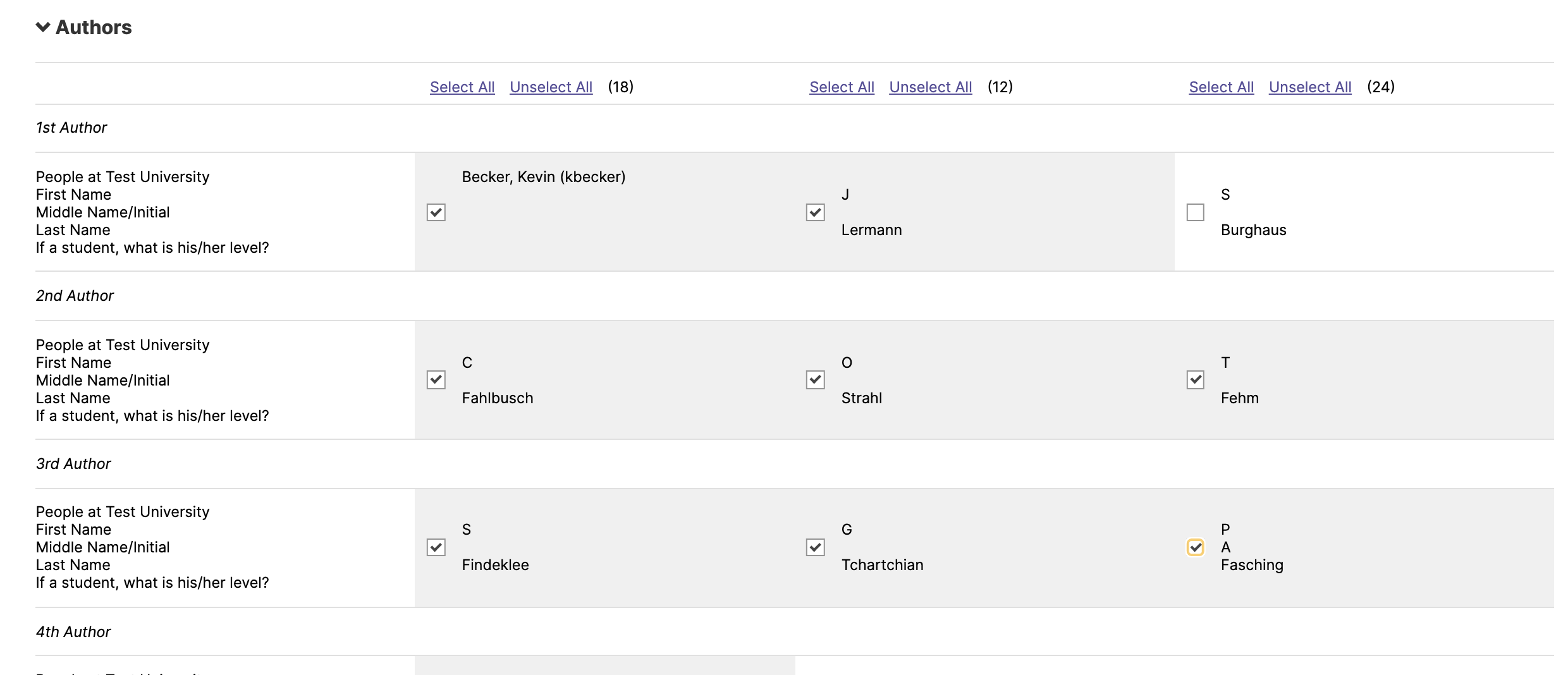 The Authors section showing multiple author rows labeled 1st Author, 2nd Author, and 3rd Author. Each row displays columns with checkboxes and author name entries. Select All and Unselect All links appear above each column group.