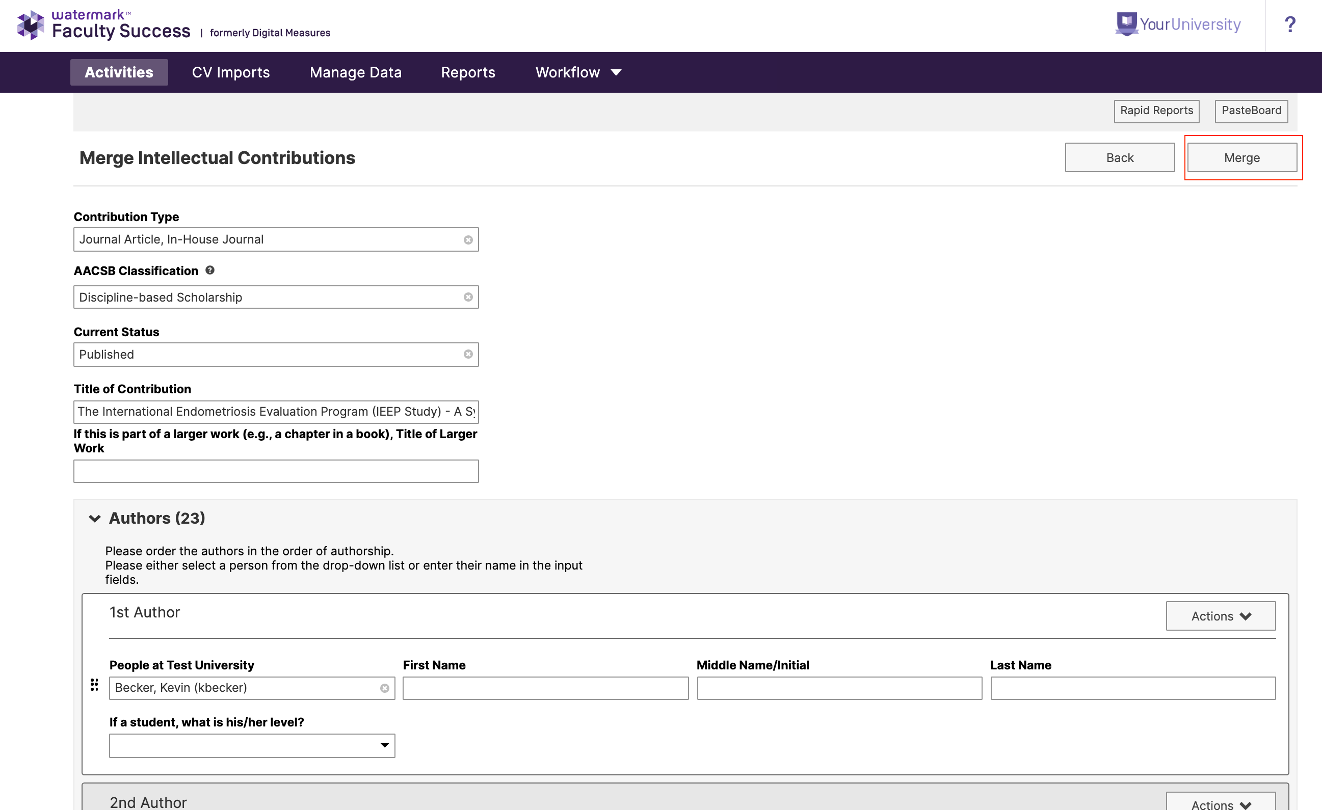 The Merge Intellectual Contributions page showing fields for Contribution Type, AACSB Classification, Current Status, Title of Contribution, and the larger work field. The Authors section below expanded, displaying input fields for the 1st Author with dropdowns and text boxes for name details. A Merge button highlighted in the upper right next to a Back button.