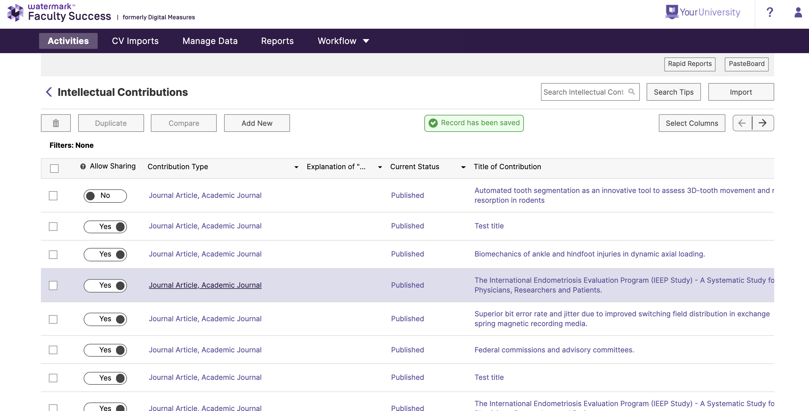 The Intellectual Contributions page showing a saved confirmation banner above the table. The table lists contribution rows, with one row selected. Buttons for Duplicate, Compare, and Add New appear above the table, with search and column options to the right.