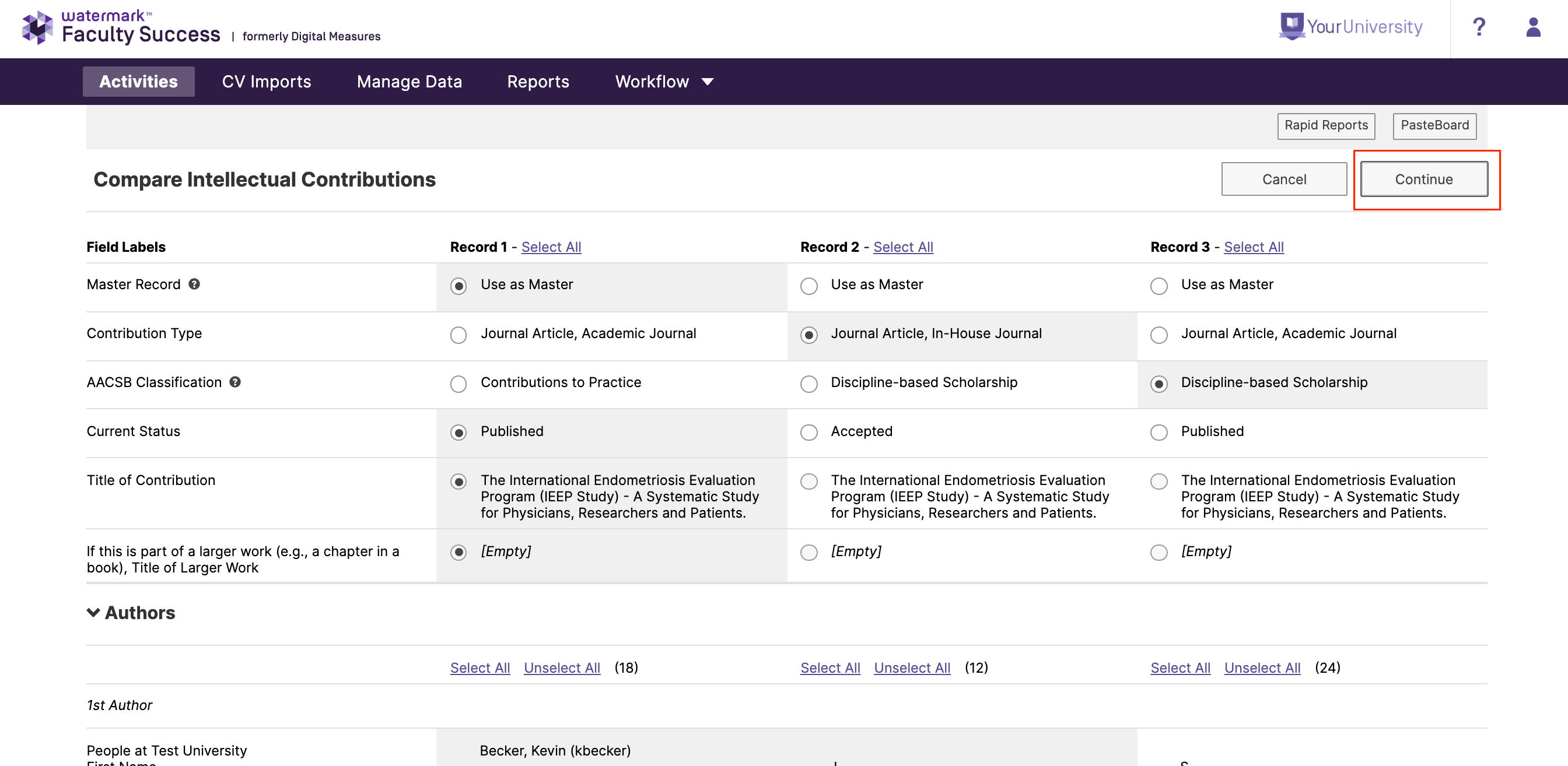 The Compare Intellectual Contributions page showing the comparison table with field labels on the left and three records across the page. Below the table, the Authors section expanded with author rows and selection options. A Continue button appears highlighted in the upper right.