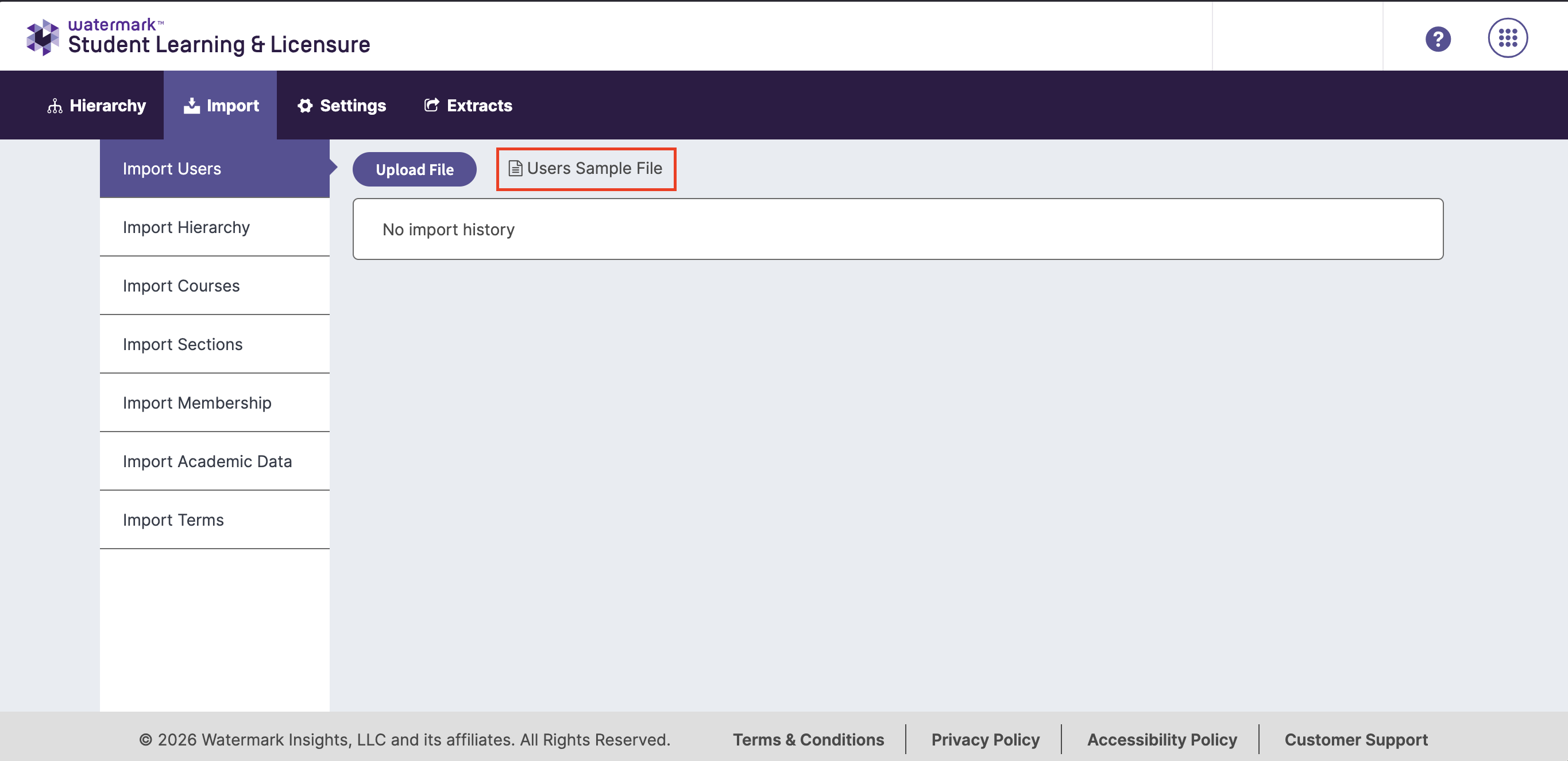 Imports tab in Student Learning & Licensure showing the User Sample File link highlighted