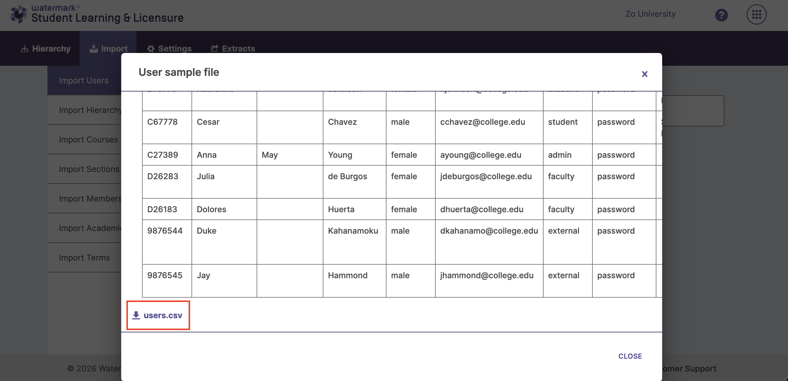 Download interface for the users.csv sample file