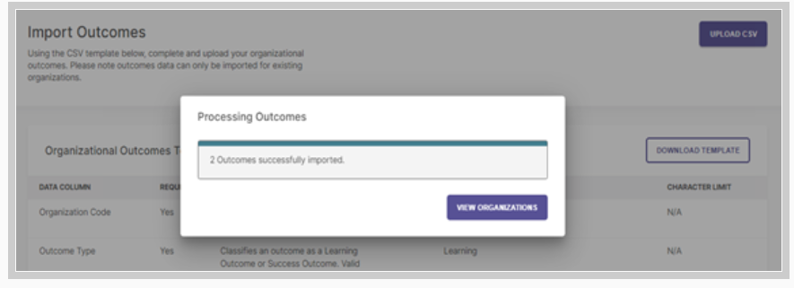 The outcomes import page showing a message confirming that outcomes were successfully imported.