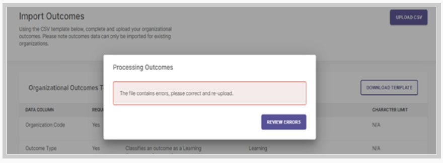 The outcomes import page showing an error message indicating that the uploaded file contains errors.