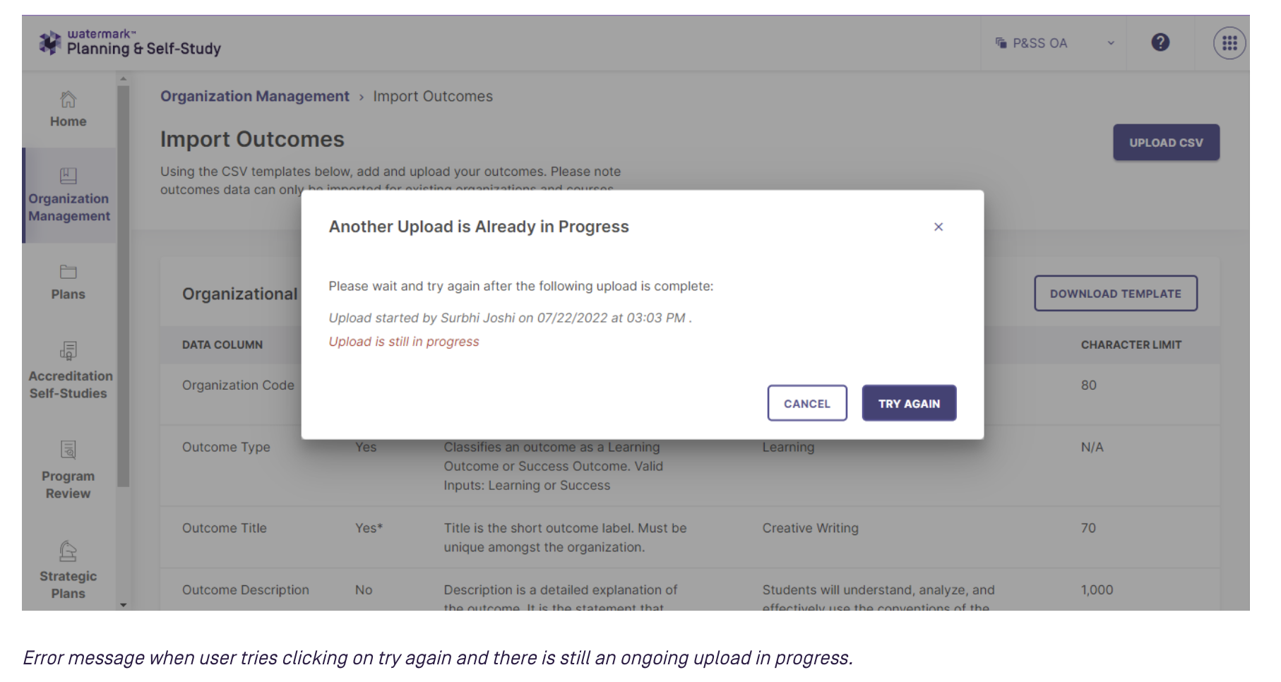 The outcomes import page showing a message that another upload is still in progress when the user tries again.