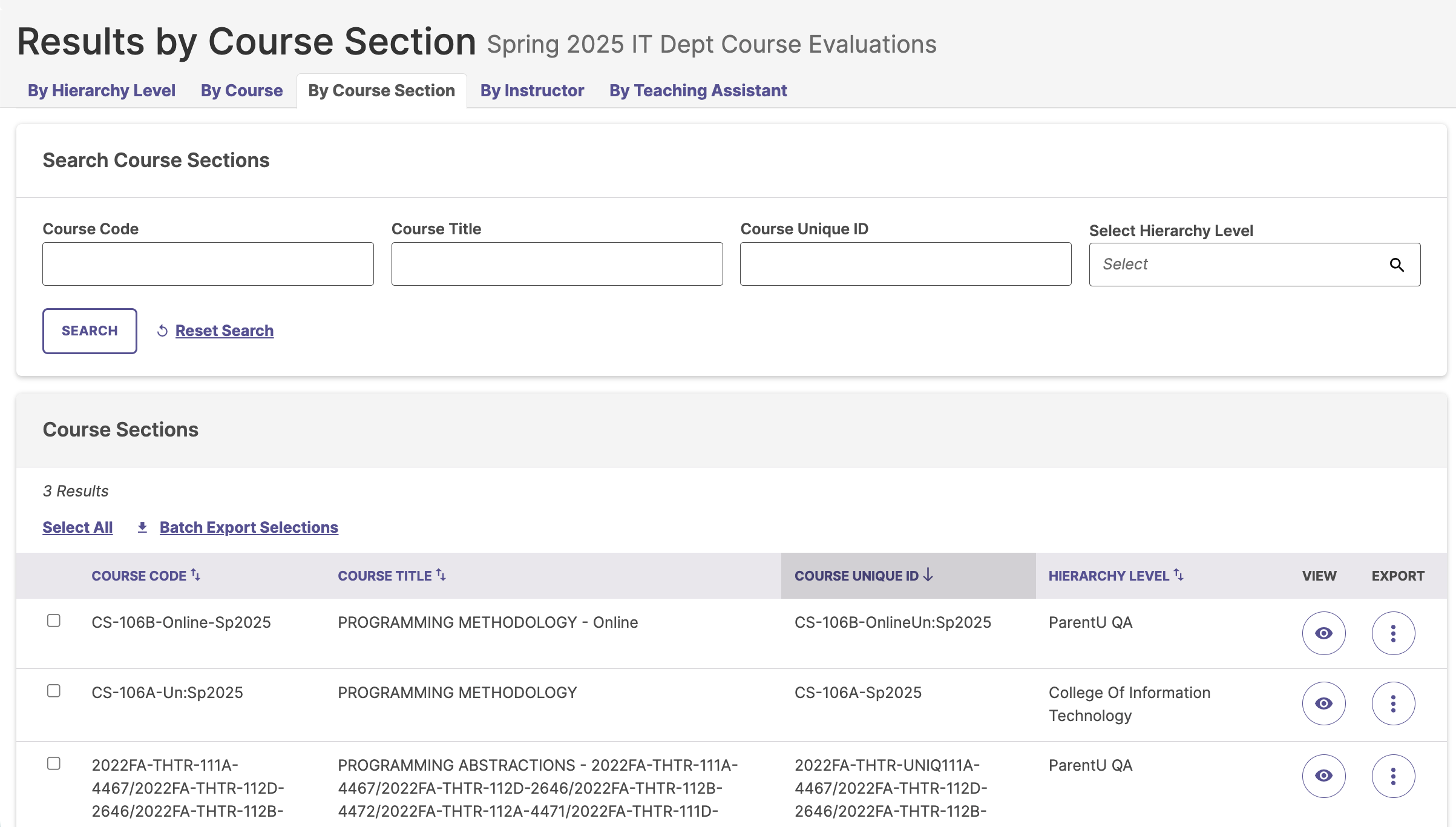 CES Results navigation table highlighting the View and Export icons for report access.