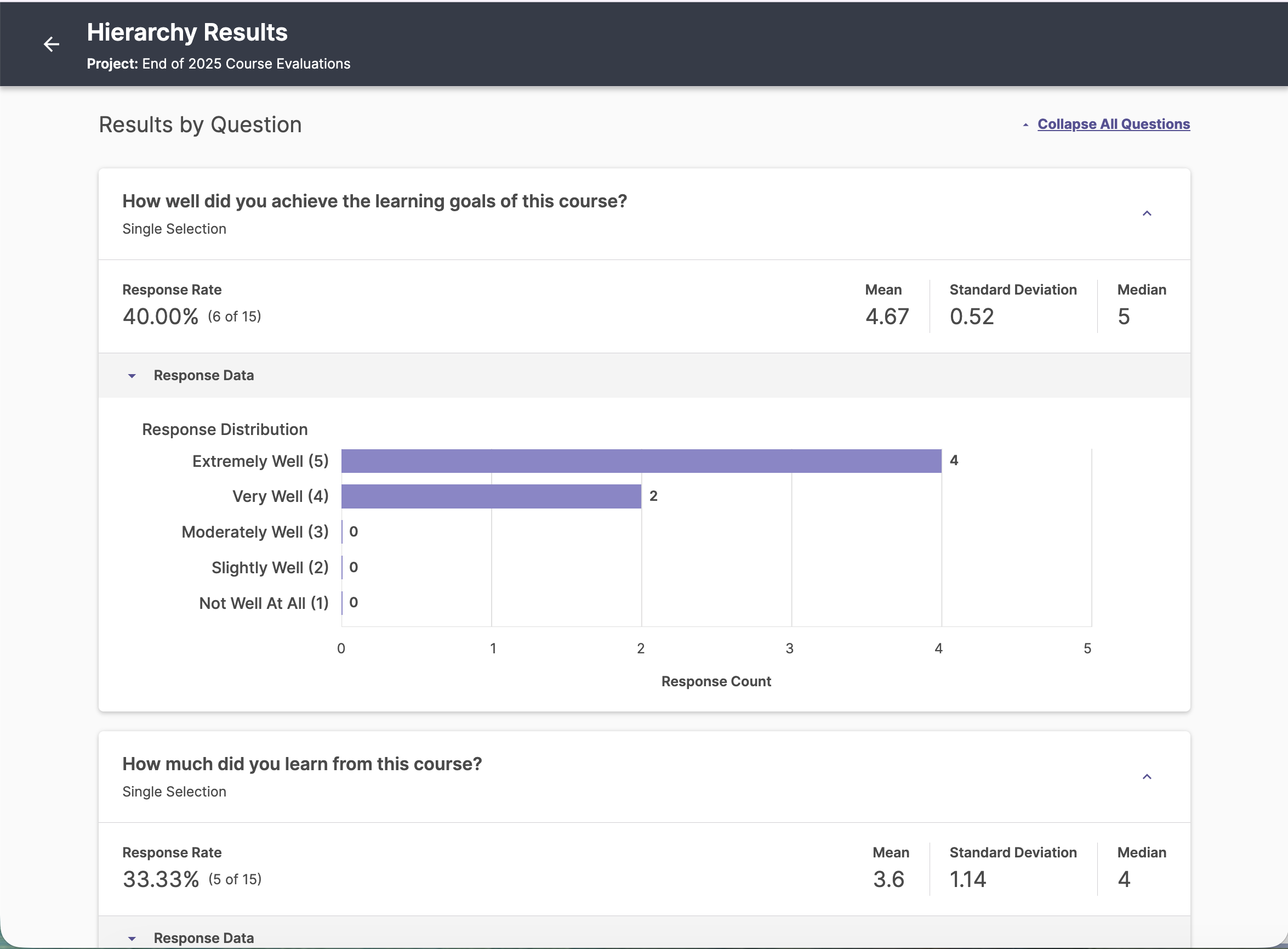 Detailed web-based course evaluation report opened directly in the web browser.