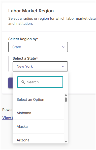 Dropdown menu displaying state selection options for defining the labor market region.