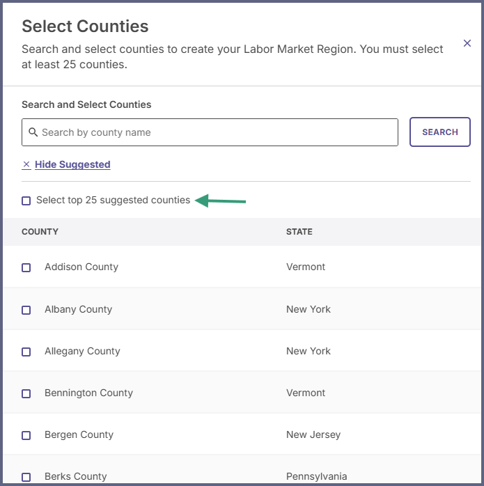 Custom county selection interface with search bar and list of selected U.S. counties.