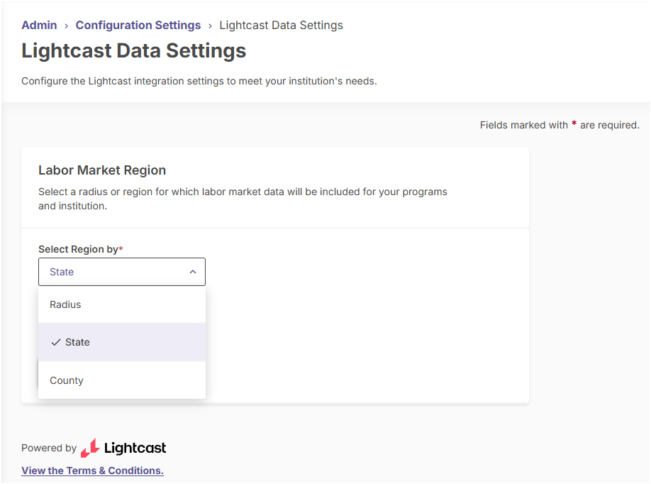 Labor market region selection settings showing options for radius, state-level, and custom county selections.