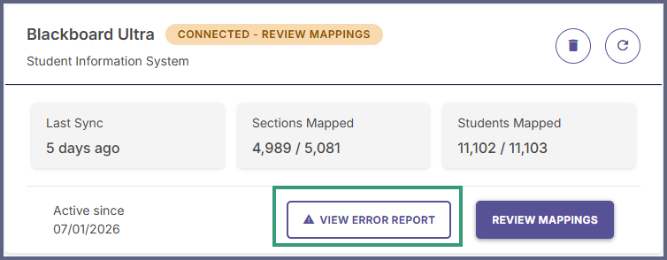 Blackboard integration card showing the View Error Report button after a sync error.