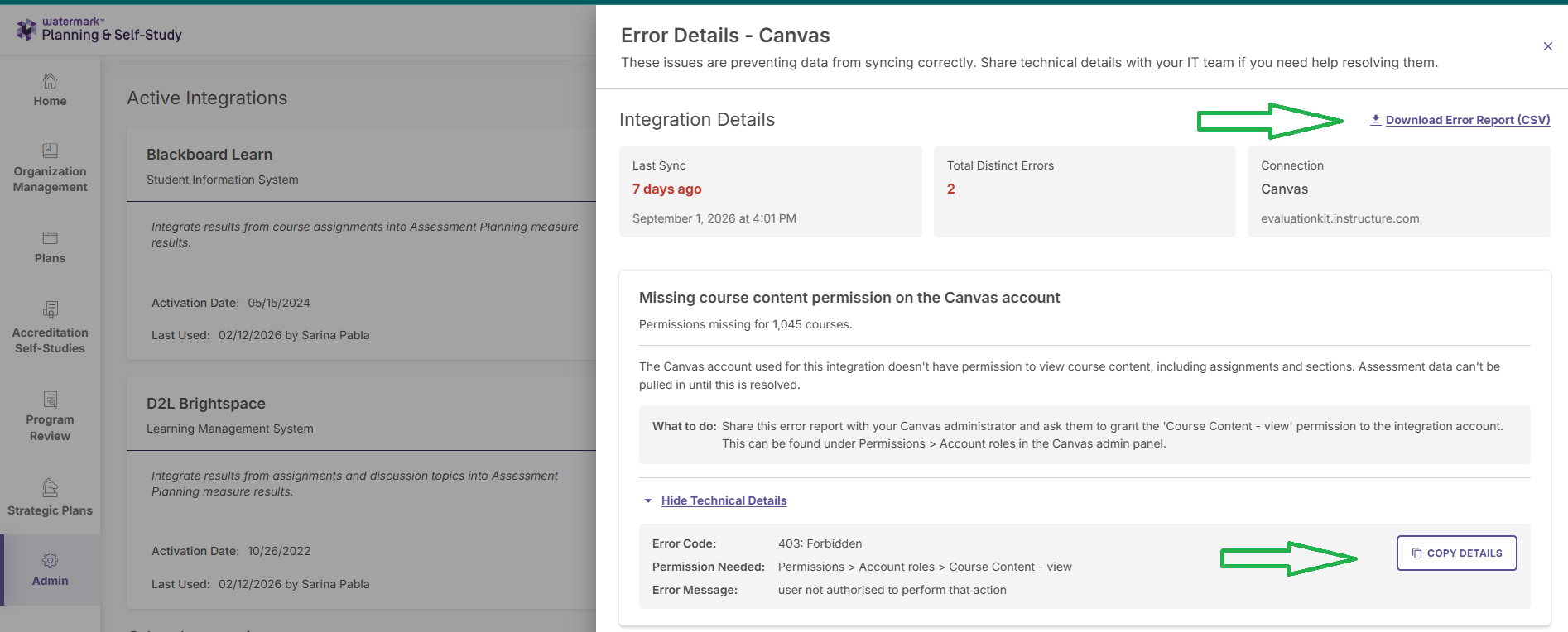 Canvas Error Details panel showing specific missing developer key scopes and permission instructions.