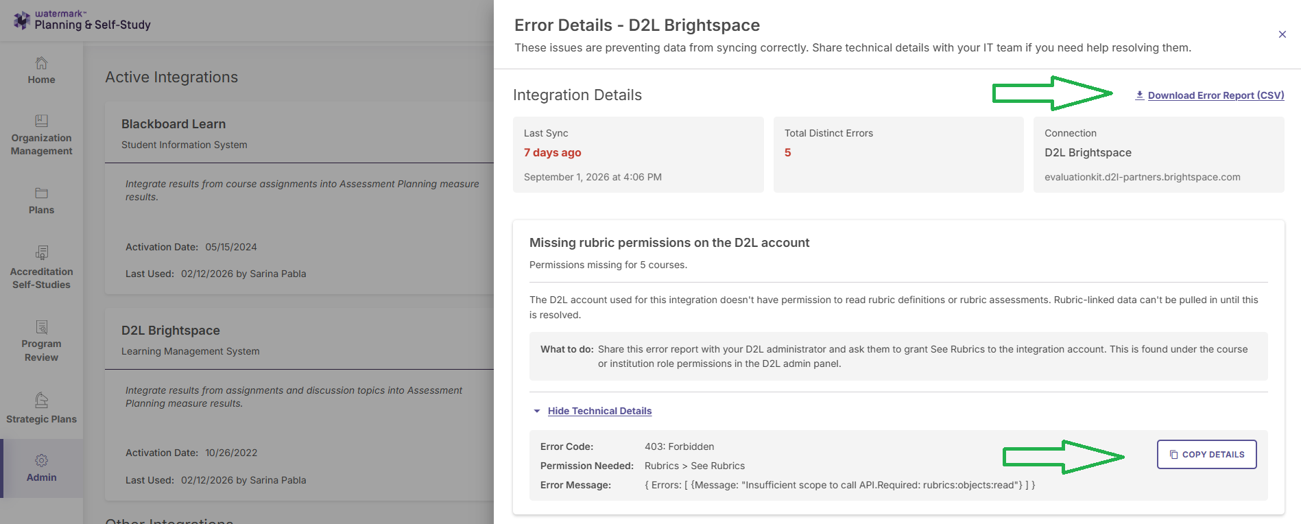 D2L Brightspace Error Details panel displaying list of permission errors and required settings updates.