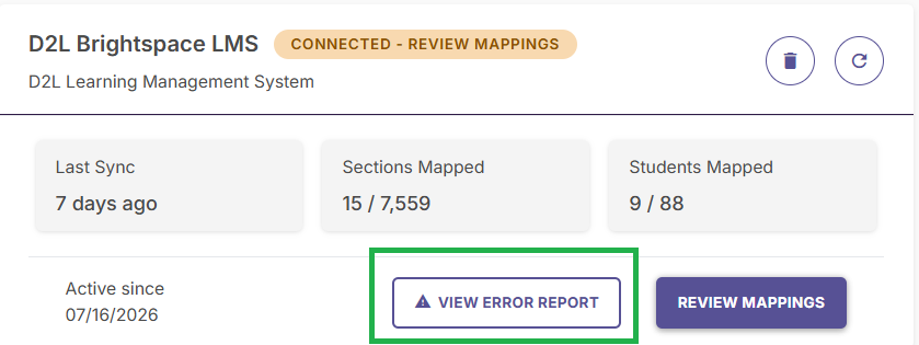 D2L Brightspace integration card displaying sync error status and View Error Report button.