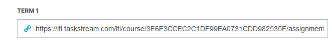 The Term 1 section showing a URL field containing an LTI assignment link, with a link icon displayed at the start.