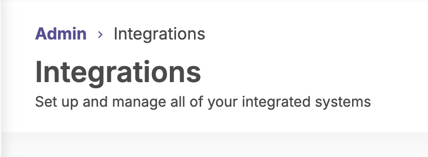 Navigation menu showing the Admin tab expanded with the Integrations option highlighted.