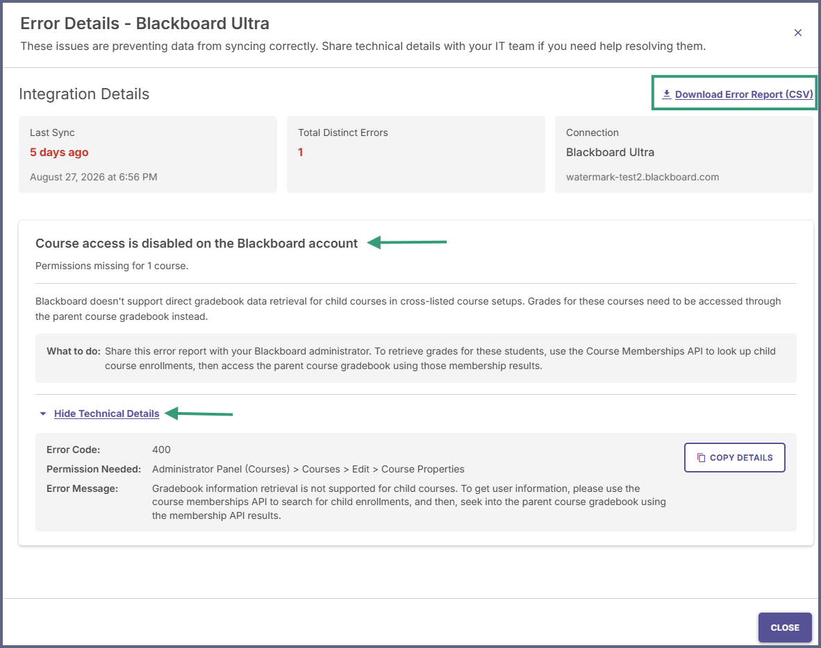 Error Details panel showing sync summary metrics, individual course error cards, resolution guidance, and the Copy Details action button.