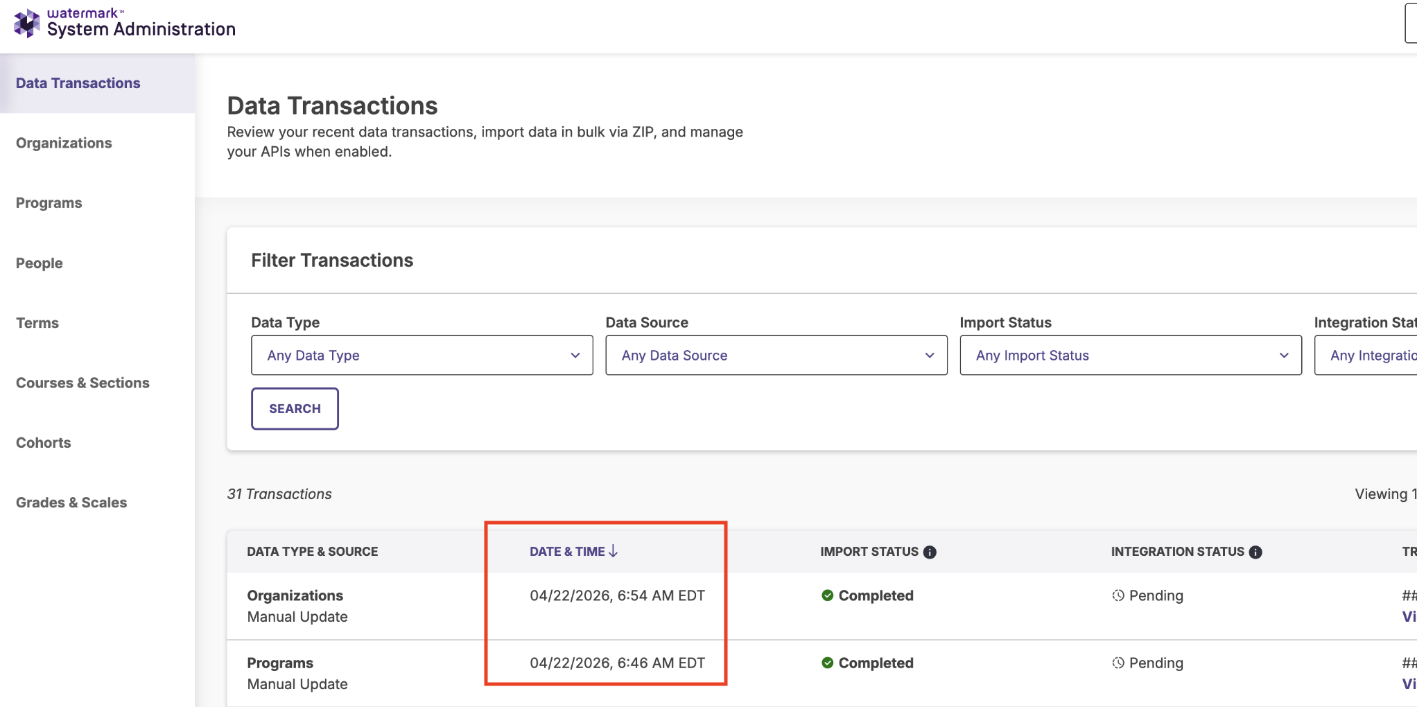 The Data Transactions page, showing transaction time signatures using institution's local time zone.