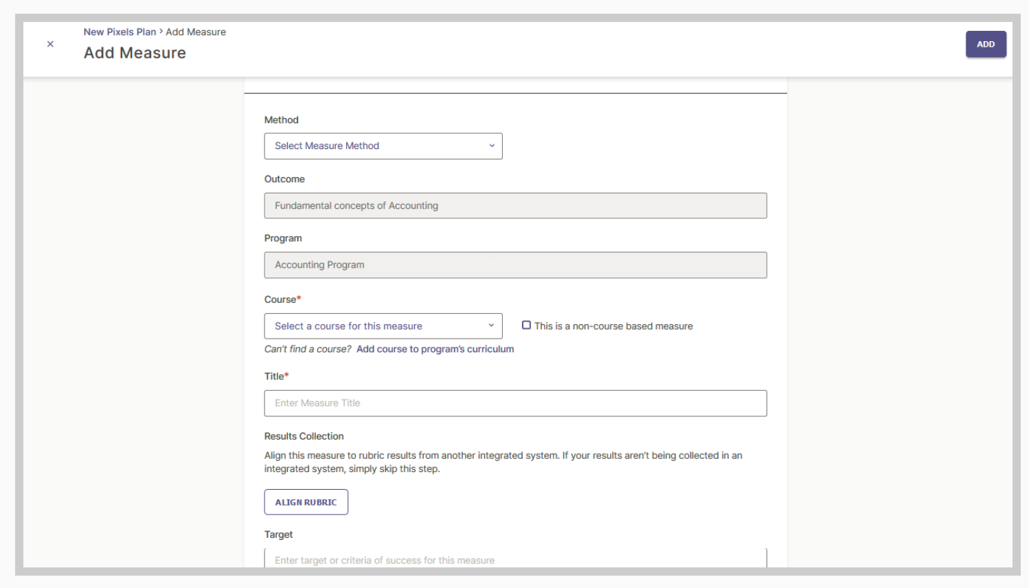 An Add Measure page showing form fields for selecting a measure method, entering an outcome and program, choosing a course, adding a title, and aligning a rubric as part of the results collection process with a Align Rubric button.