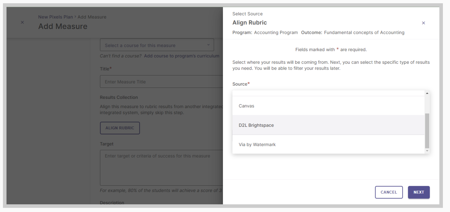 An Align Rubric overlay page showing options for selecting a results source, including Canvas, D2L Brightspace, and Via by Watermark, as part of configuring rubric alignment for a selected program and outcome.
