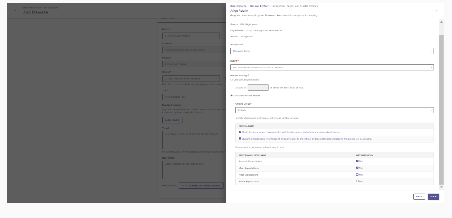 An Align Rubric page showing selected measure details along with dropdowns for choosing an assignment and rubric, settings for selecting how scores will be used, options for criteria groups, and performance levels for mapping rubric results.