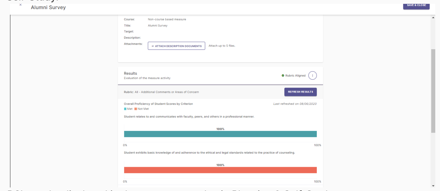An Alumni Survey results page showing measure details such as course type, title, target, description, and attachments, along with a results section displaying rubric information, status indicators, and bar charts representing student proficiency scores by criterion.