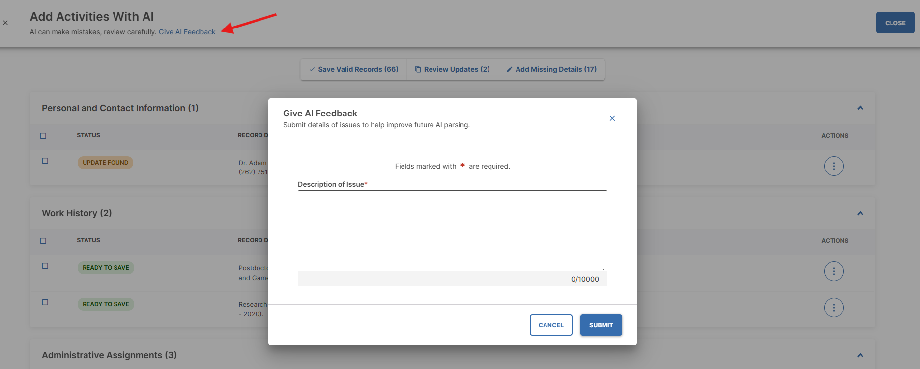 Screenshot showing the feedback form is displayed in the middle of the web page after clicking Give AI Feedback