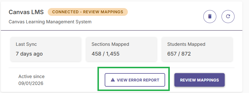 Canvas integration card showing a sync error alert and a highlighted View Error Report button.