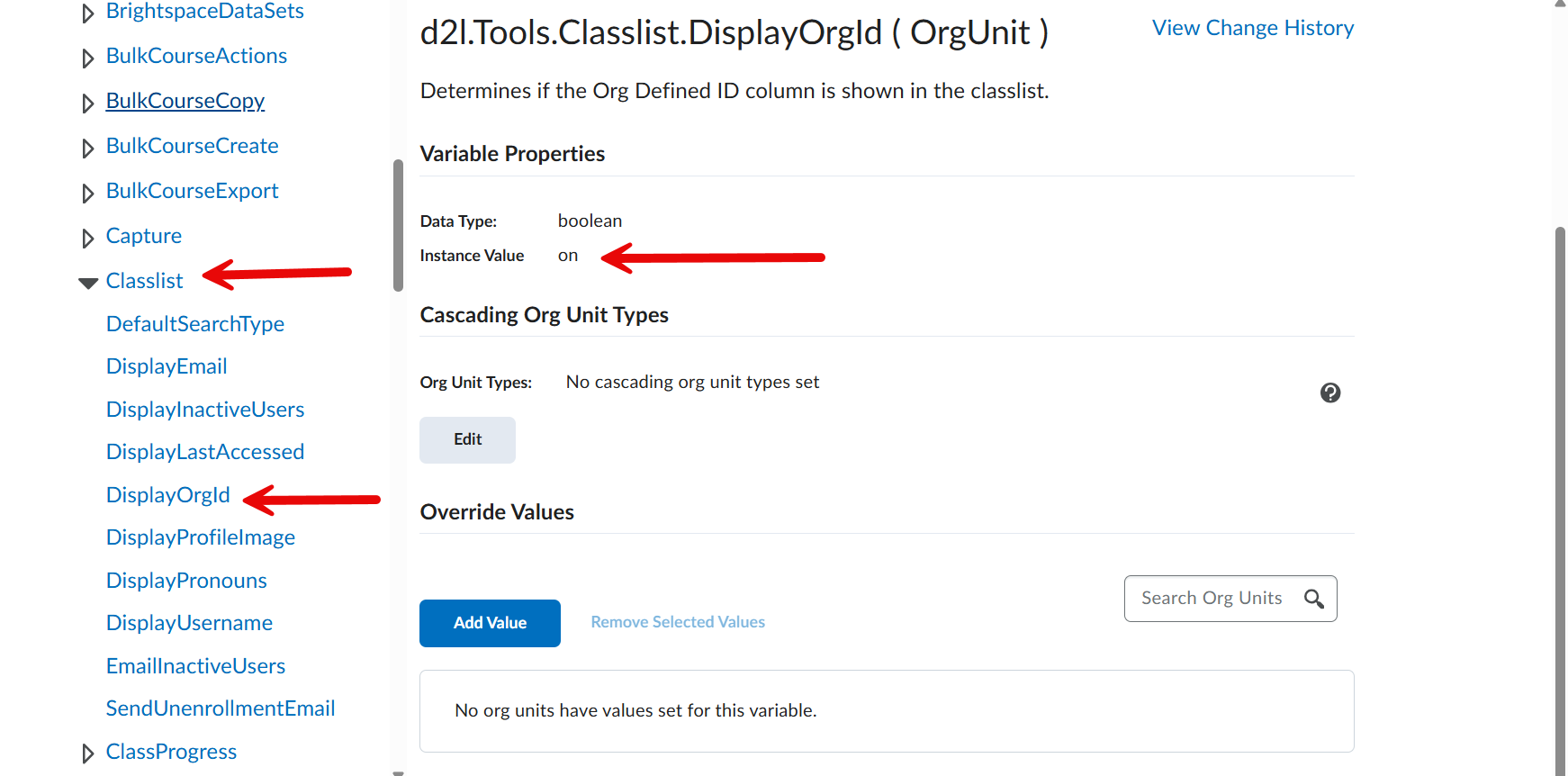 Config Variable Browser page showing the DisplayOrgId setting for Classlist with current system instance values.