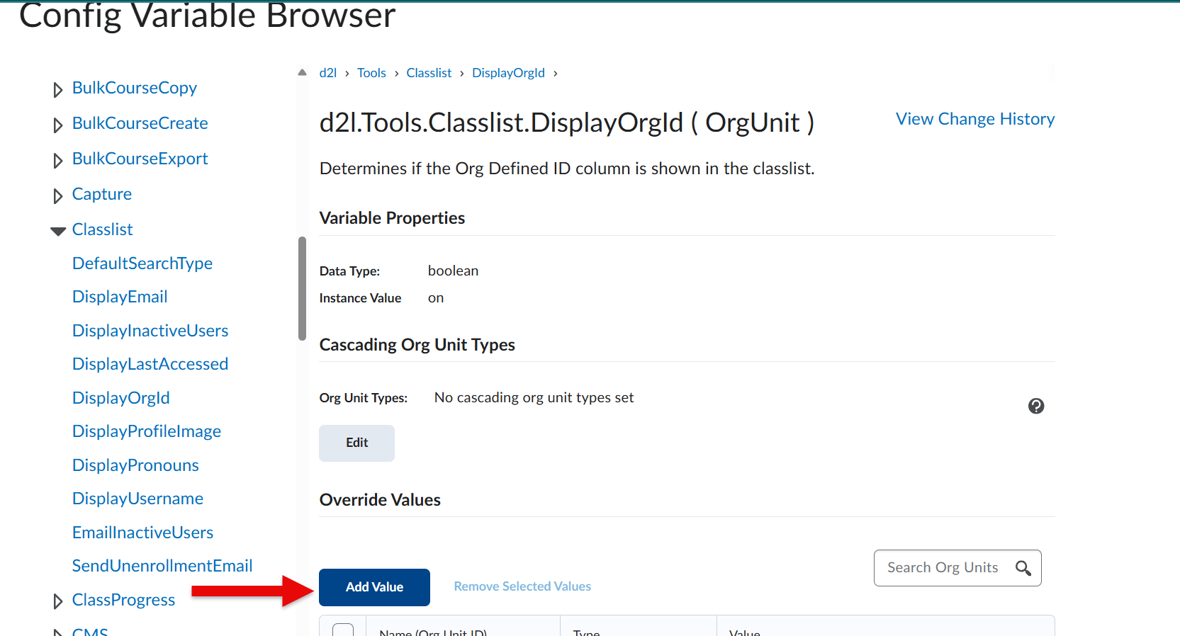 Add Value configuration screen in D2L Config Variable Browser showing the search dialog for selecting the root organization.