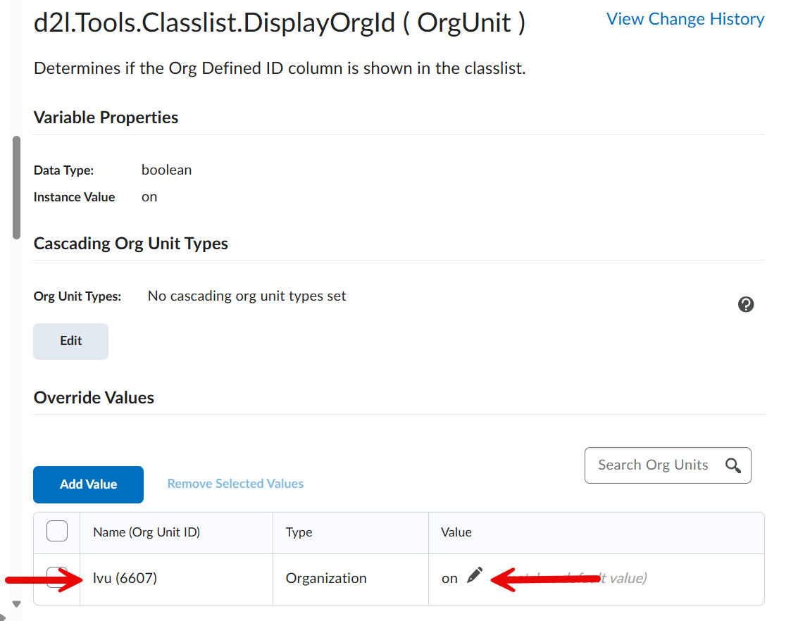 DisplayOrgId setting updated to ON for the selected root organization in the D2L Config Variable Browser.