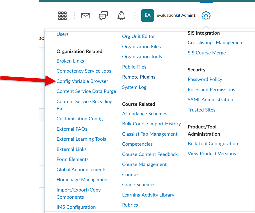 D2L Config Variable Browser tool navigation menu displaying system variables listed under Tools.