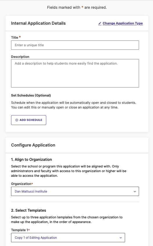 Application Distribution page showing pre-populated template options and distribution schedule controls.