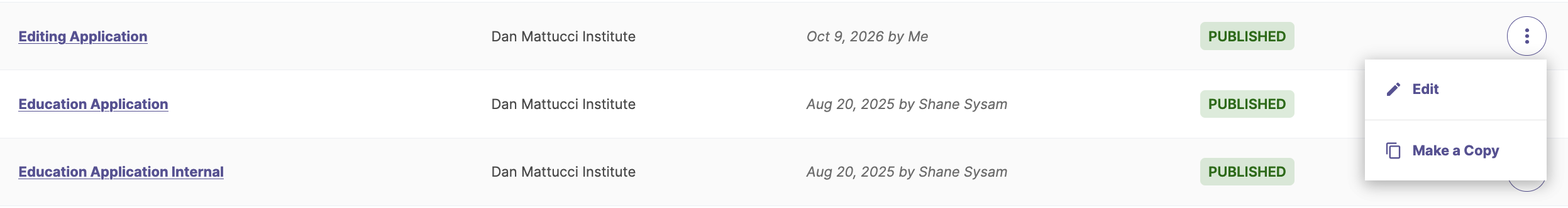 Application template list highlighting the three dots action menu containing Edit and Make a Copy options.
