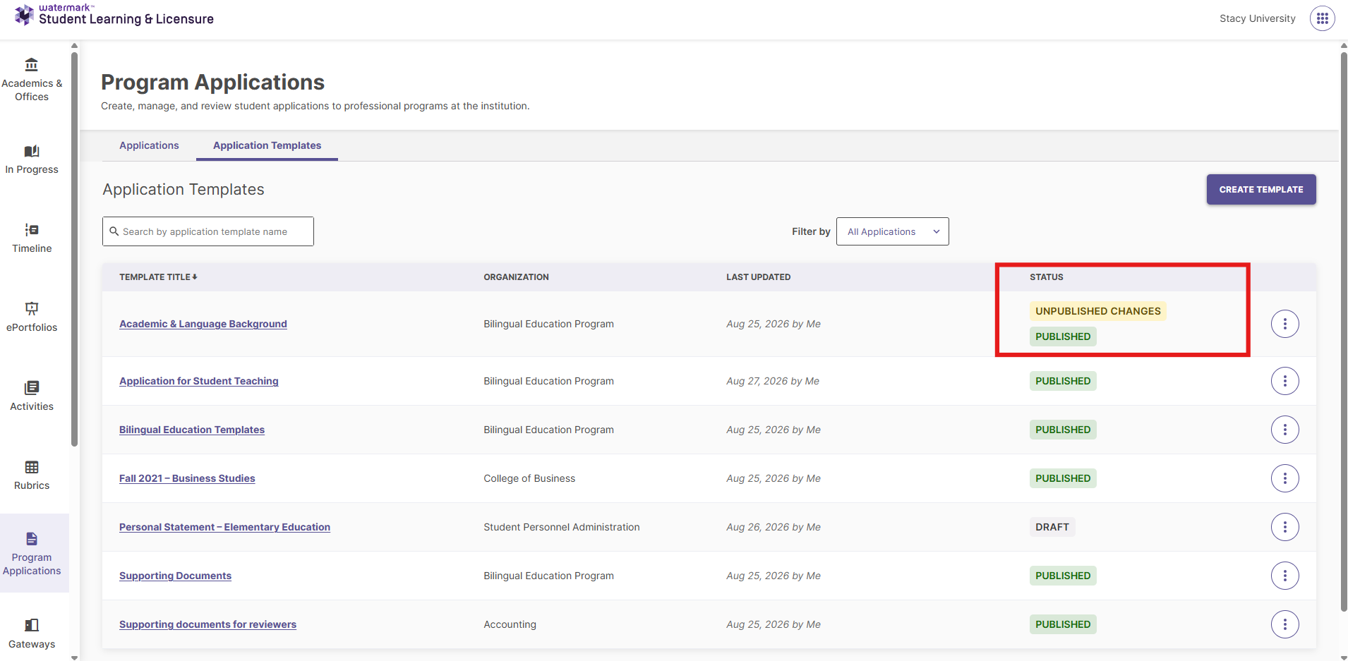 Application Template editing page displaying the option to add components and an alert banner indicating unpublished changes exist.