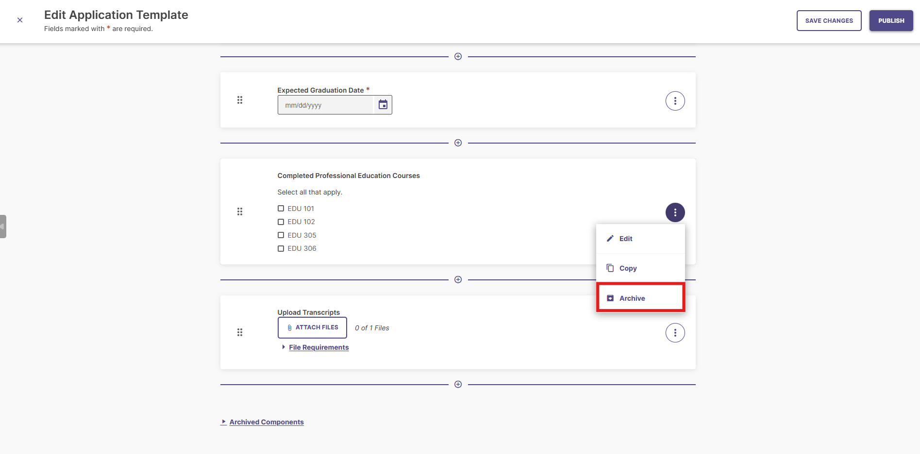 Component options menu open within an Application Template, highlighting the Archive button option.
