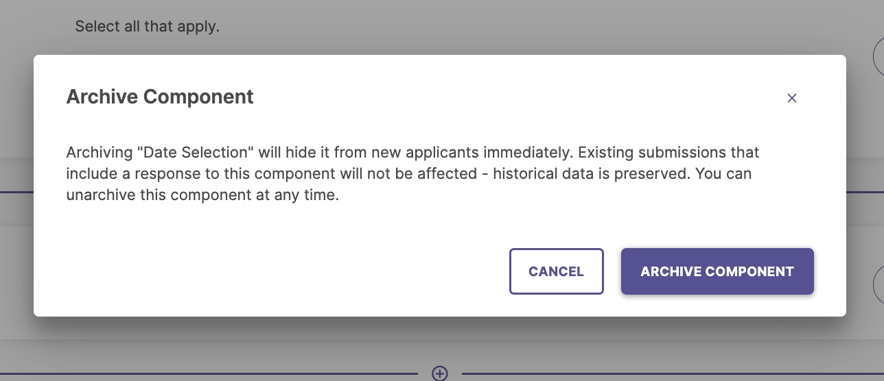 Confirmation dialog prompt asking to confirm archiving the selected component.