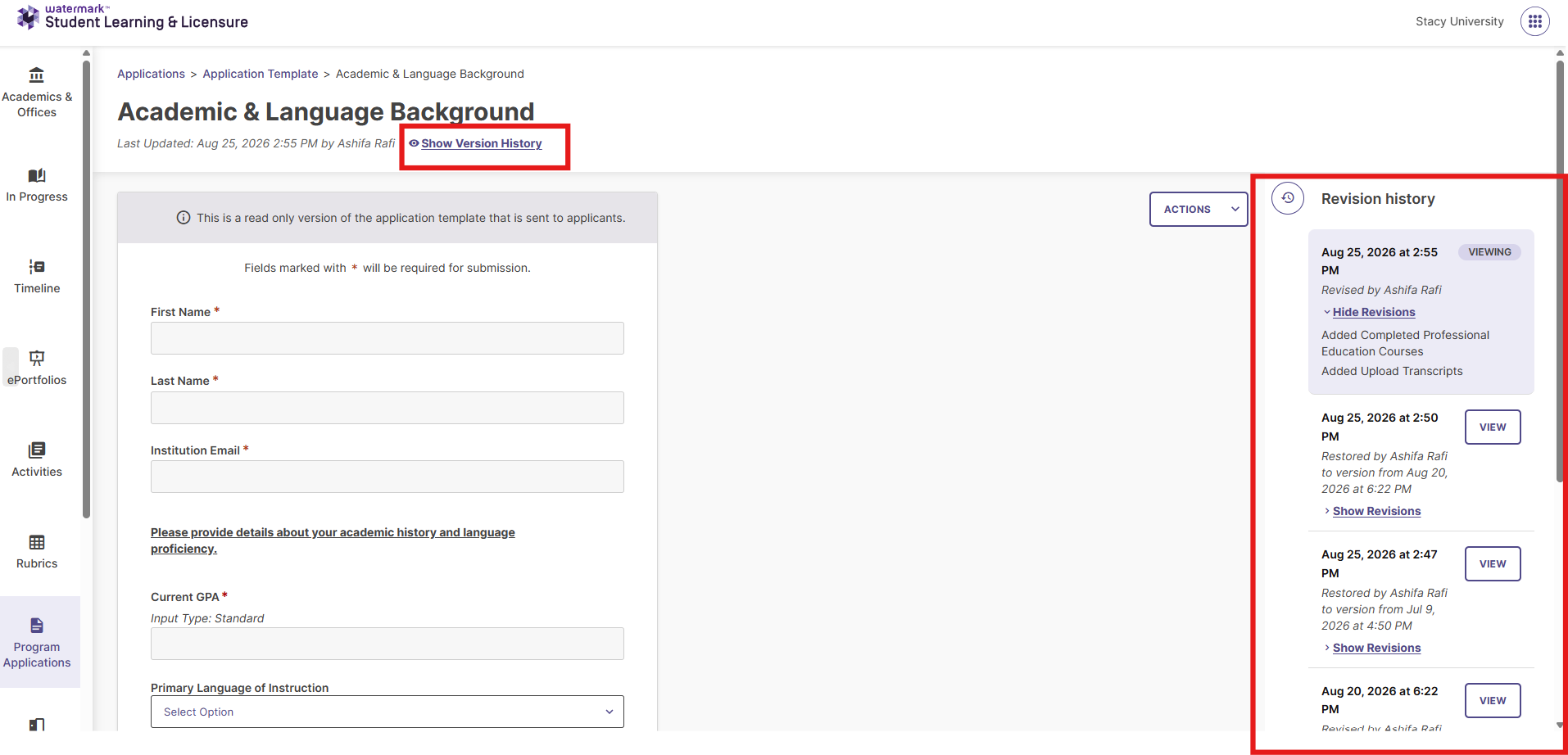 Revision History menu listing previous template versions with corresponding View buttons.
