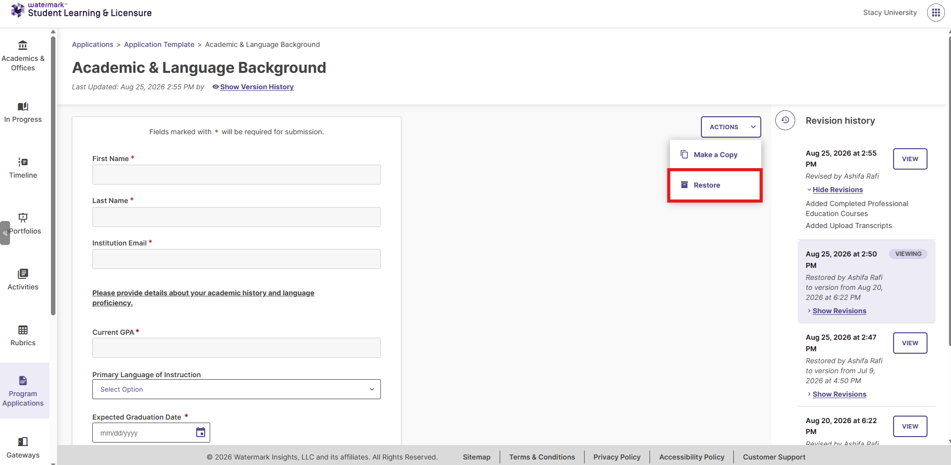 Application Template revision preview screen displaying the Actions dropdown menu with the Restore option selected.