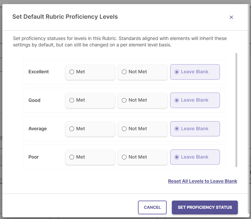 Detailed view of individual and bulk standard alignment options within a rubric